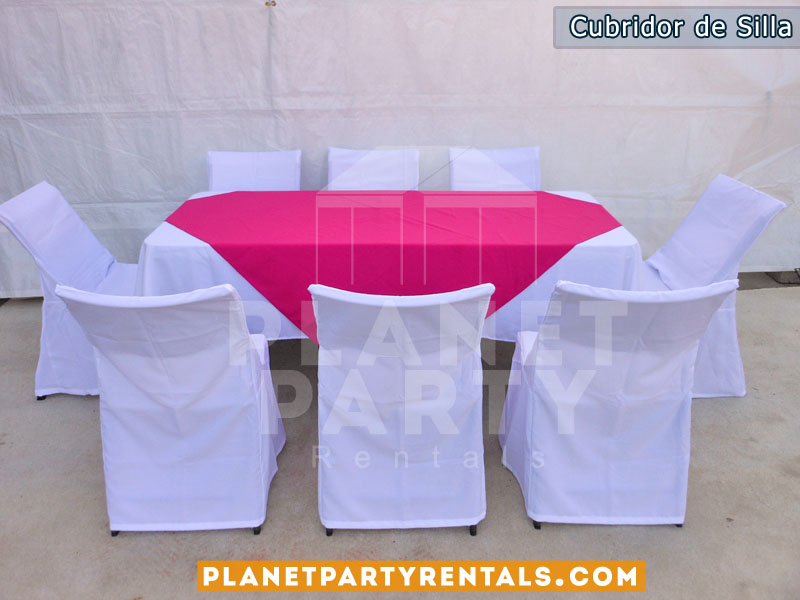 cubridor de sillas con mesa rectangular con mantel blanco con diamante rosa | Van Nuys Reseda North Hollywood Sun Valley